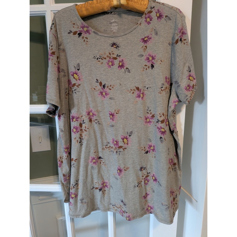 J. Jill Fit Progress Shirttail Tee Gray Floral Pima Cotton Top 2X